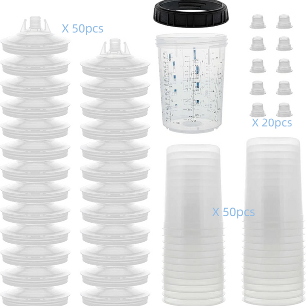 Vaso mezclador de pintura desechable para pistola de pintura automotriz, pistola de pintura HVLP, kit de 20 onzas (20.3 fl oz) con sistema de 50 tazas y tapas, 1 taza dura con anillo de retención y 20 tapones.